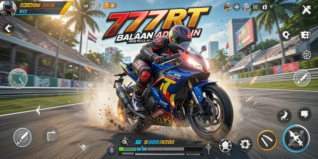 Screenshot utama 777RT menampilkan aksi balapan motor yang mendebarkan.