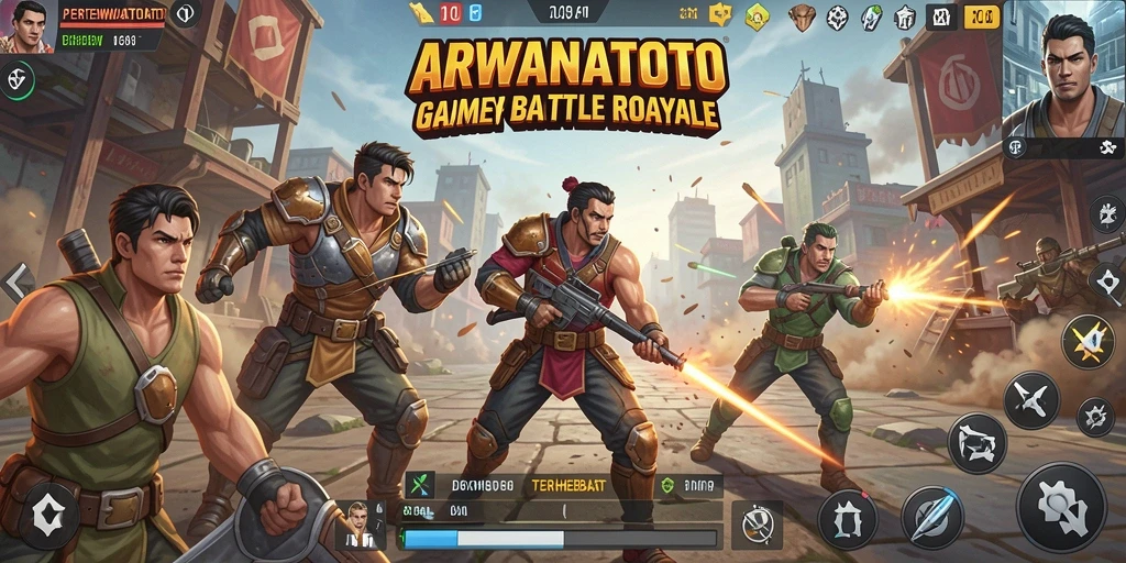 Tangkapan layar ARWANATOTO menampilkan aksi pertempuran sengit di arena Battle Royale.