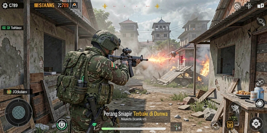 Screenshot gameplay C789 dengan aksi tembak-menembak yang mendebarkan.