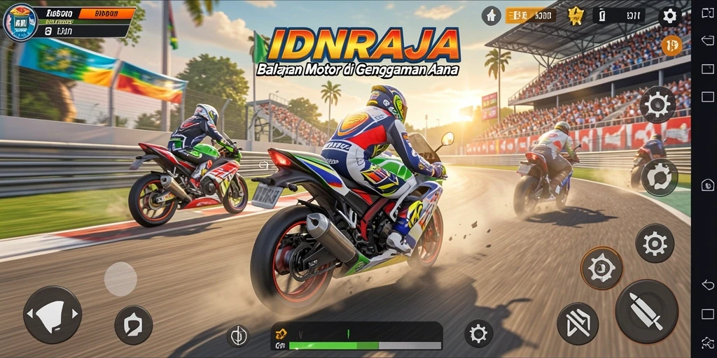 Screenshot IDNRAJA menampilkan aksi balapan motor yang mendebarkan.