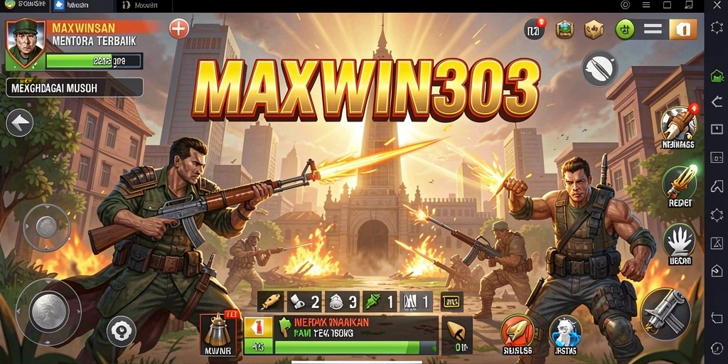 Tangkapan layar MAXWIN303 menunjukkan pertarungan menara melawan gelombang musuh yang intens.