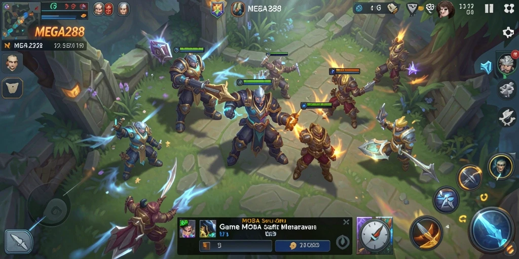Screenshot gameplay MEGA288 menampilkan aksi pertempuran MOBA yang mendebarkan.