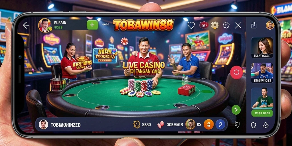 Screenshot TOBAWIN88 menampilkan dealer langsung di meja permainan kasino.